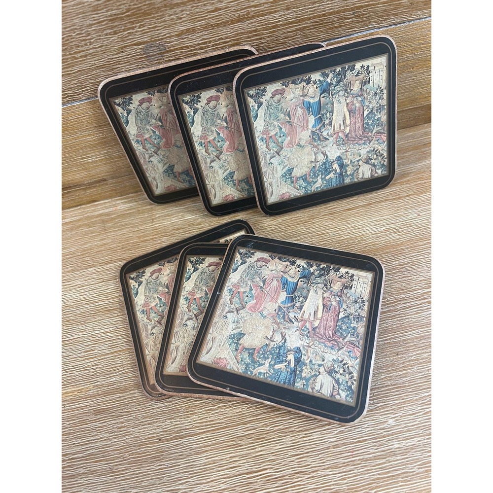 Vintage 70s Pimpernel Coasters Set of 6 Medieval Tapestry Cork Back Made England